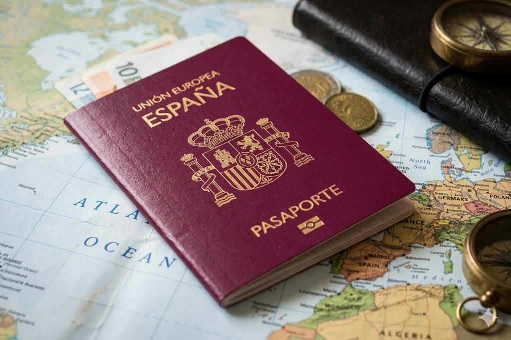 Spanish passport on a map