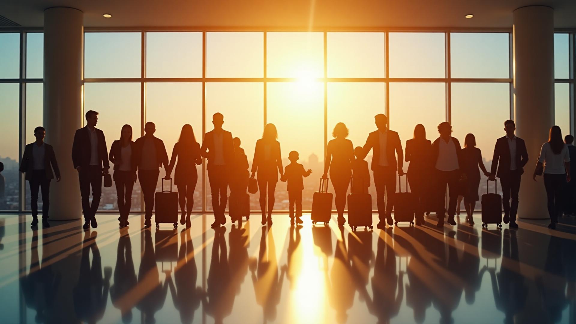 Siluetas de familias y viajeros con equipaje en una terminal de aeropuerto al atardecer